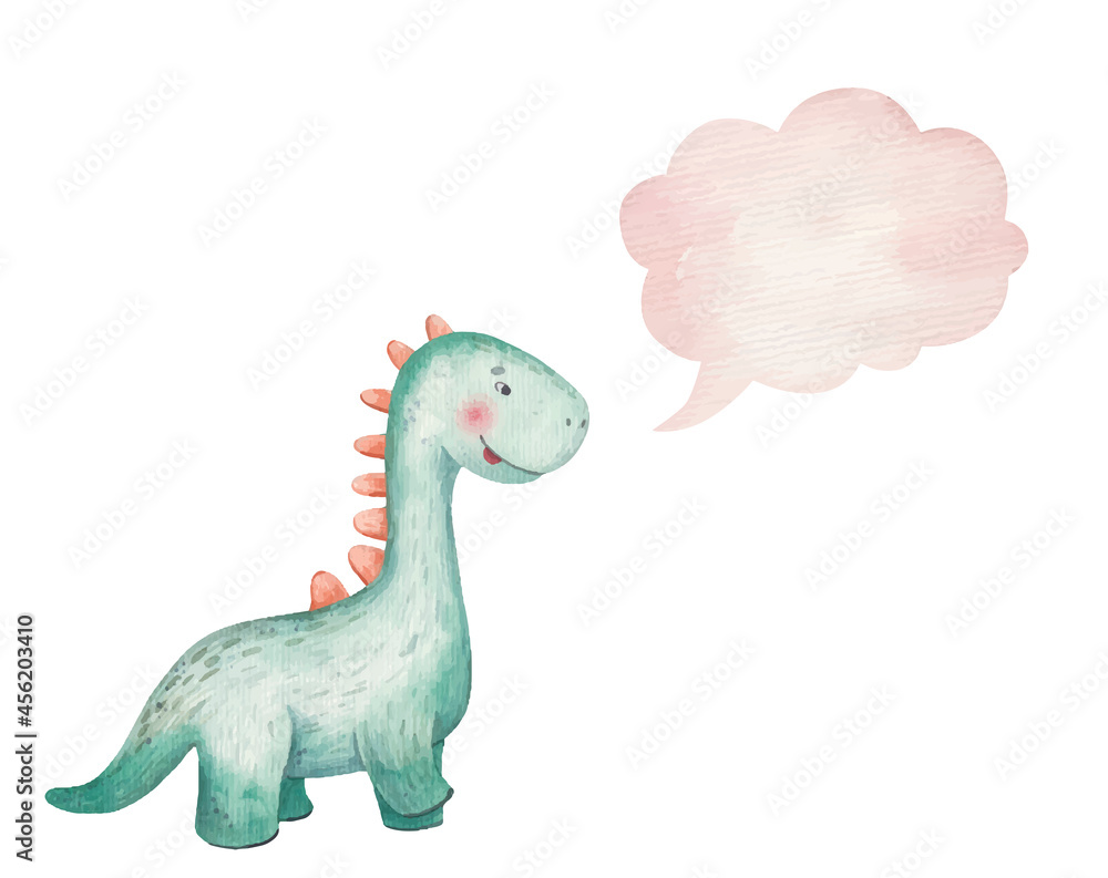 cute baby green  dinosaur smiling and thought icon, cloud, childrens illustration watercolor