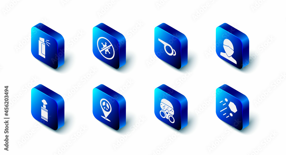 Set Protest, Whistle, Vandal, Flying stone, Gas mask, Location peace, Hand grenade and Pepper spray icon. Vector Set Protest, Whistle, Vandal, Flying stone, Gas mask, Location peace, Hand grenade and Pepper spray icon. Vector