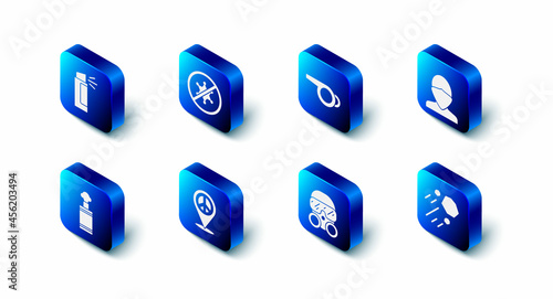 Set Protest, Whistle, Vandal, Flying stone, Gas mask, Location peace, Hand grenade and Pepper spray icon. Vector