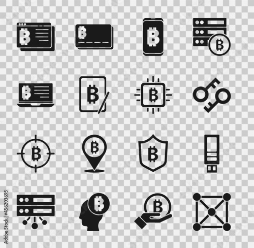 Set Blockchain technology, USB flash drive, Cryptocurrency key, Mining bitcoin from mobile, tablet, laptop, Bitcoin browser and CPU mining farm icon. Vector