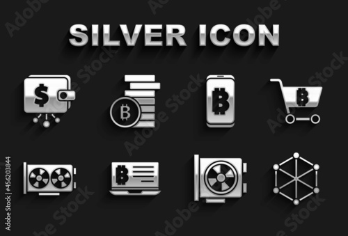 Set Mining bitcoin from laptop, Shopping cart with, Blockchain technology, Video graphic card, mobile, Cryptocurrency wallet and Bitcoin icon. Vector