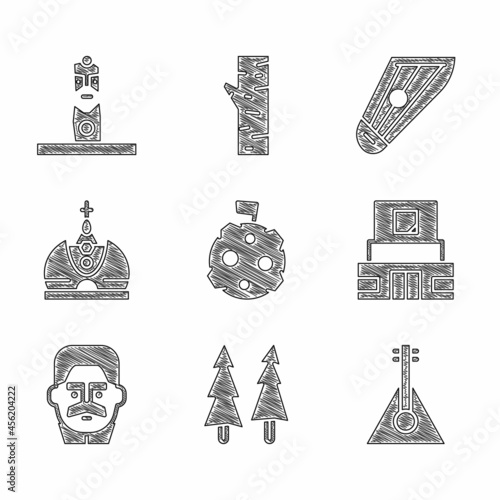 Set Moon with flag, Christmas tree, Balalaika, Mausoleum of Lenin, Joseph Stalin, King crown, Kankles and Slavic pagan idol icon. Vector