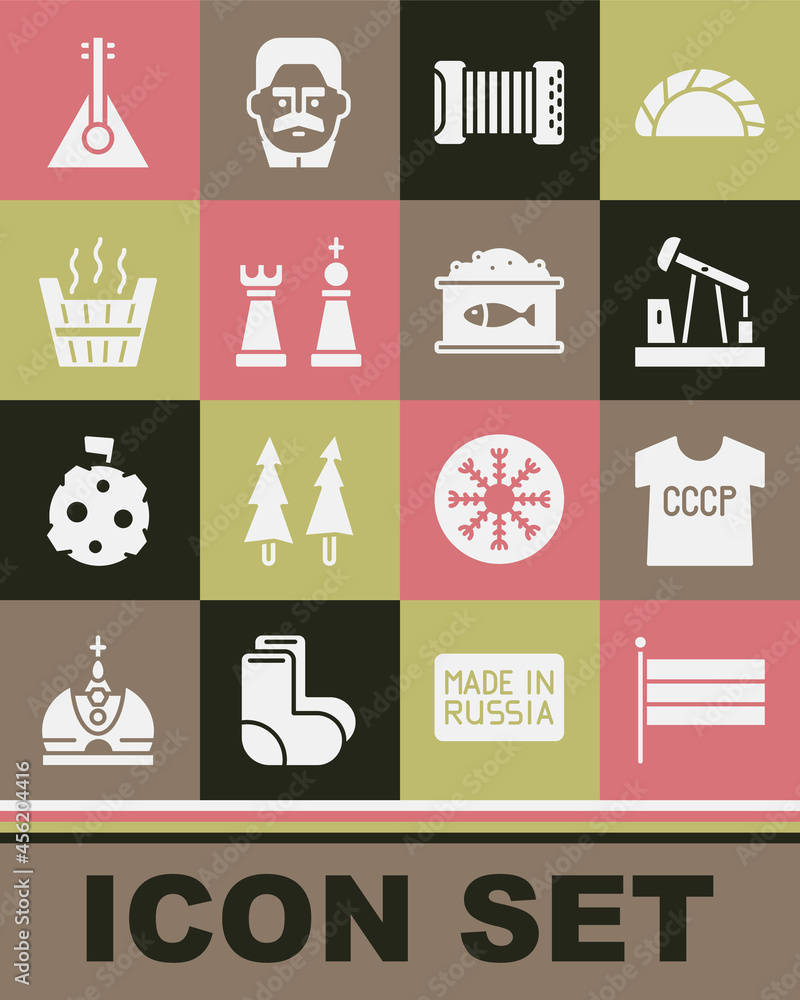 Set National Russia flag, USSR t-shirt, Oil pump or pump jack, Accordion, Chess, Sauna bucket, Balalaika and Tin can with caviar icon. Vector Set National Russia flag, USSR t-shirt, Oil pump or pump jack, Accordion, Chess, Sauna bucket, Balalaika and Tin can with caviar icon. Vector