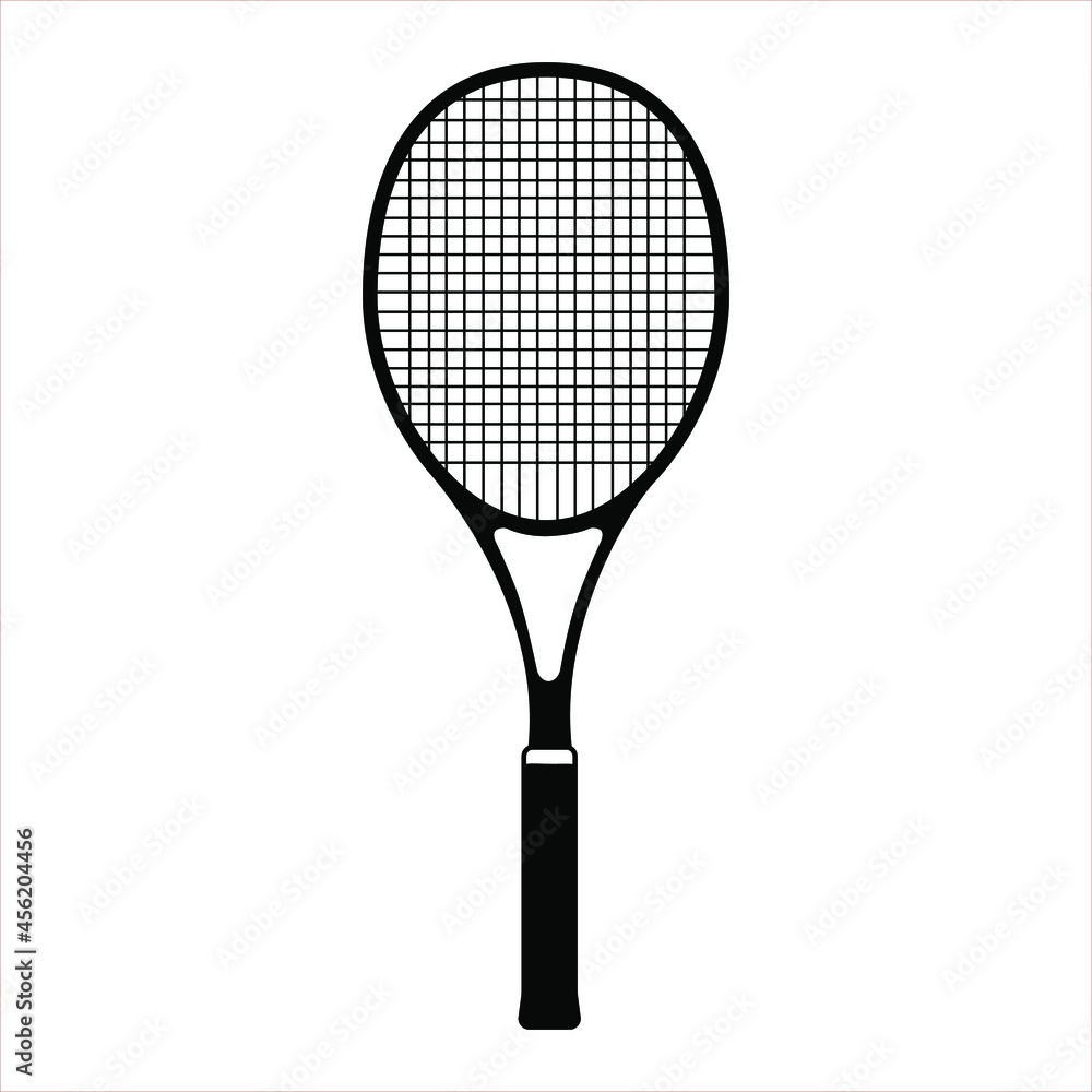 Vector flat black tennis racket isolated on white background. Line art vector icon for sports apps and websites. Essential badminton sport game equipment. 