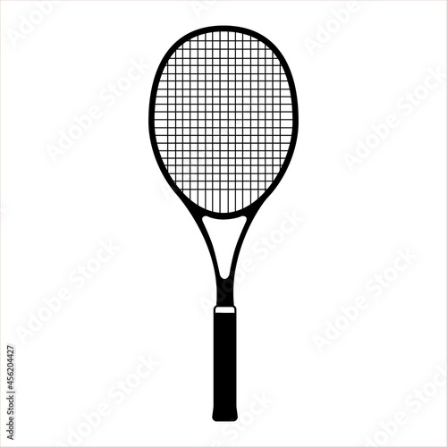 Flat black tennis racket isolated on white background. Line art icon for sports apps and websites. Essential badminton sport game equipment. 