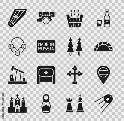 Set Satellite, Location Russia, Dumpling, Sauna bucket, Made, Russian bagels, Kankles and Christmas tree icon. Vector