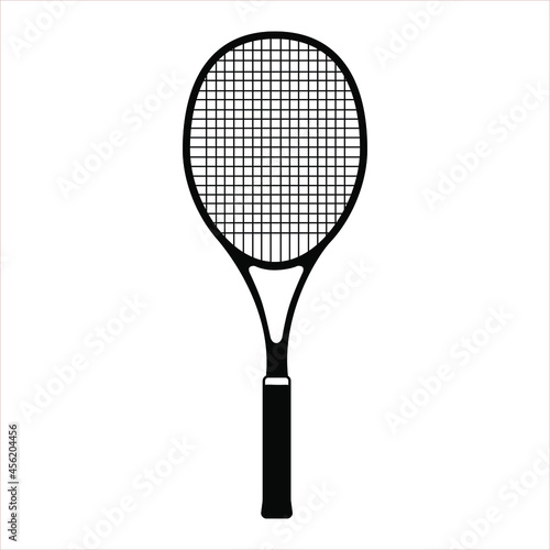 Vector flat black tennis racket isolated on white background. Line art vector icon for sports apps and websites. Essential badminton sport game equipment. 