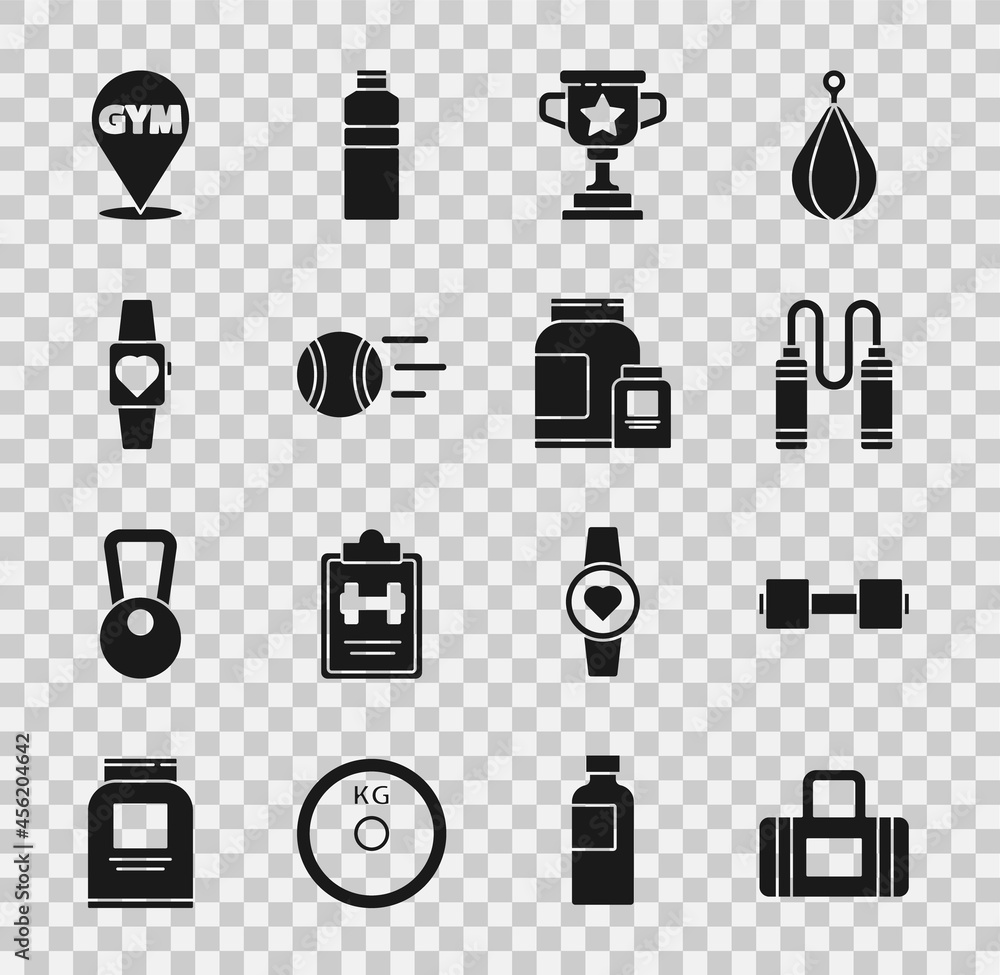 Set Sport bag, Dumbbell, Jump rope, Award cup, Tennis ball, Smartwatch, Location gym and Sports nutrition icon. Vector Set Sport bag, Dumbbell, Jump rope, Award cup, Tennis ball, Smartwatch, Location gym and Sports nutrition icon. Vector