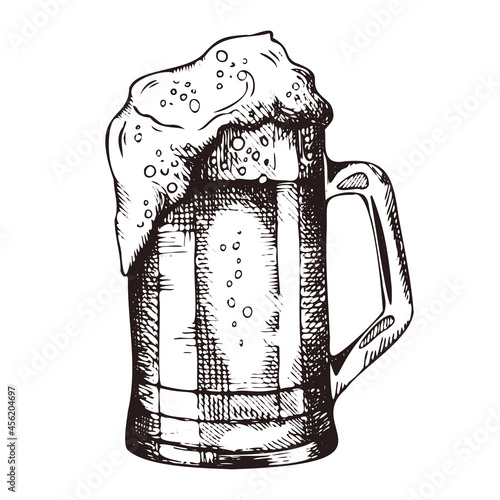 Hand drawn mug of foamy beer, sketch style vector illustration isolated on white background