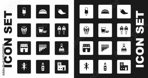 Set Hot chili pepper pod, Tequila glass with lemon, Mexican wrestler, Popsicle ice cream, Maracas, Taco tortilla, bottle and Huehuetl icon. Vector