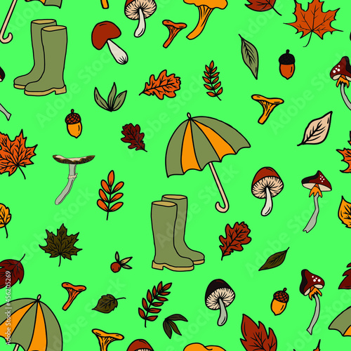 vector seamless pattern mushroom print. Picking up mushrooms in the autumn forest, edible and poisonous mushrooms, leaves and rubber boots of mushroom picker