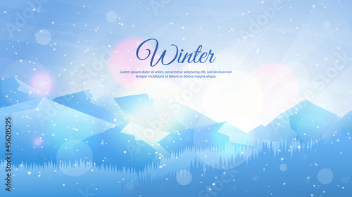 Vector illustration. Flat landscape. Snowy background. Snowdrifts. Snowfall. Clear blue sky. Blizzard. Cartoon wallpaper. Winter season. Forest trees and mountains. Design for website. Bokeh lights