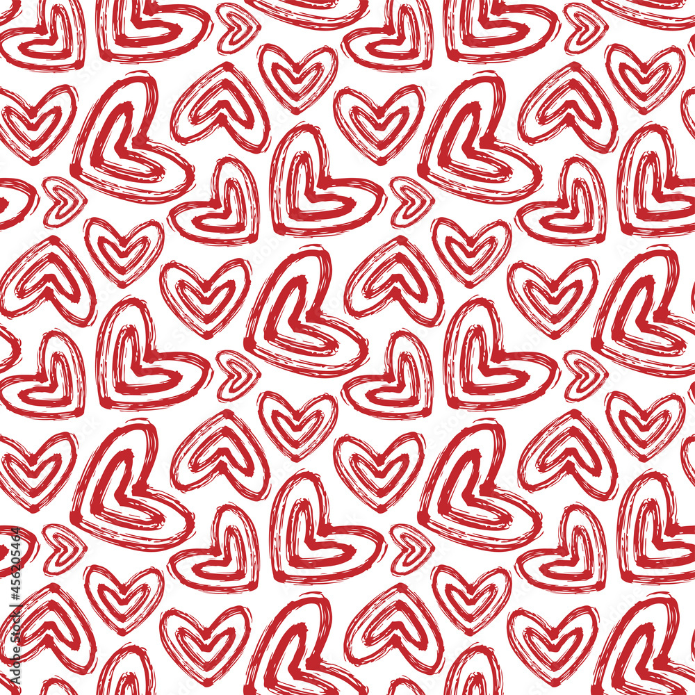 Red contour ink hearts isolated on white background. Cute monochrome seamless pattern. Vector simple flat graphic hand drawn illustration. Texture.