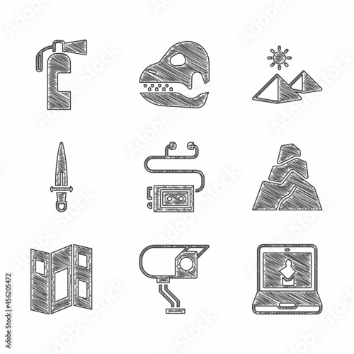 Set Museum audio guide, Security camera, Online museum, Rock stones, brochure, Dagger, Egypt pyramids and Fire extinguisher icon. Vector
