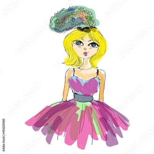 Blonde girl with a feather in her hair and a princess dress. Drawing, cartoon, character