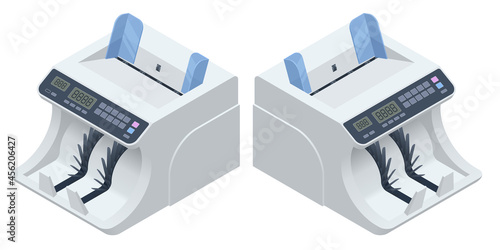 Isometric Money Counting Machine. LED Display Shows the Count of the Bills. Digital Electronic Money Counter Currency Counting Machines with Automatic Fake Note Detection. Large Amounts of Money