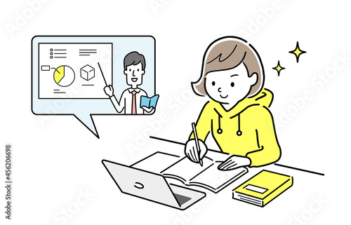 ベクターイラスト素材：パソコンを使ってリモート授業を受ける女の子

