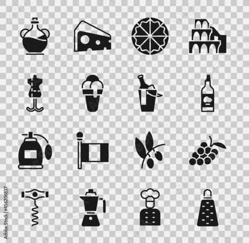 Set Grater, Grape fruit, Bottle of olive oil, Pizza, Ice cream, Mannequin, and wine bucket icon. Vector