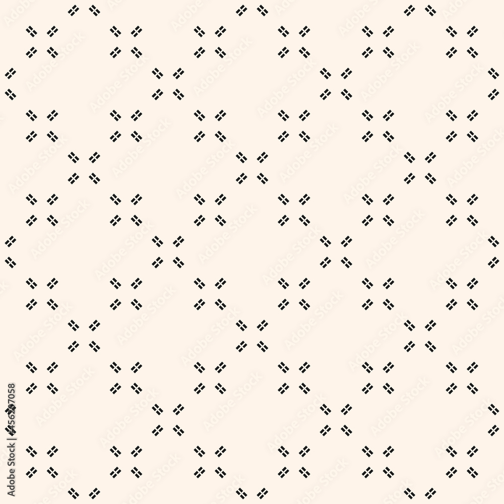 Vector minimalist background. Simple geometric floral pattern with tiny crosses. Black and white subtle abstract seamless texture. Delicate design for decor, prints, fabric, textile, cloth, paper