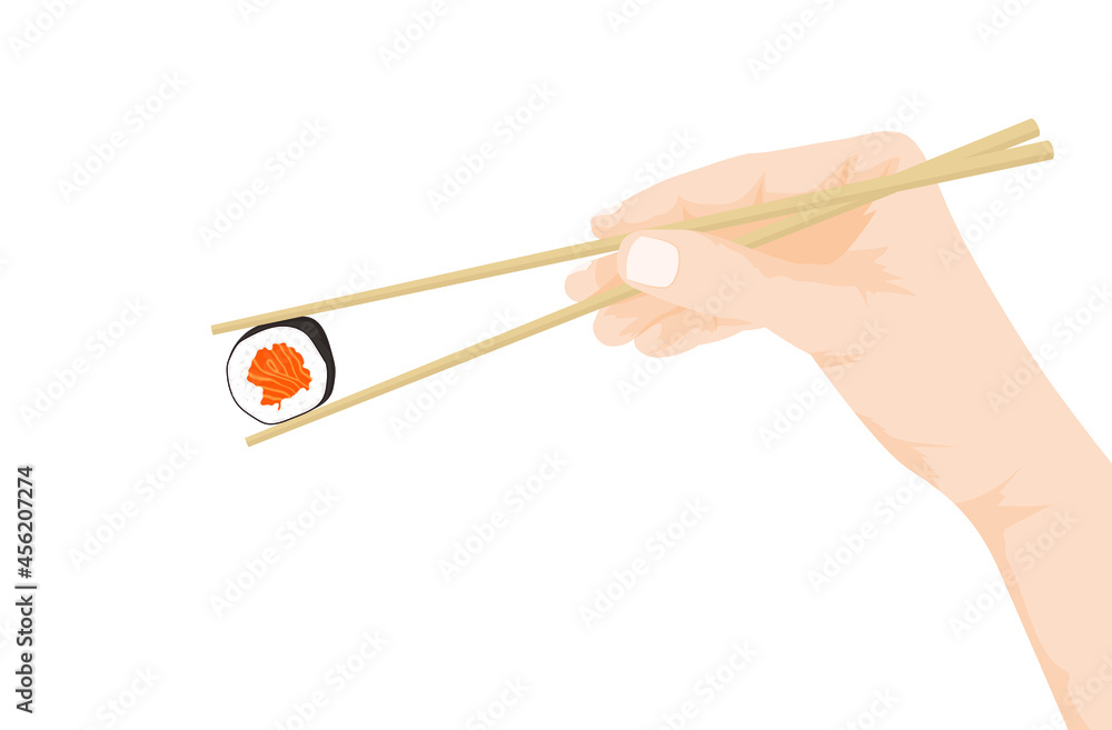 Vector illustration of hand, holding chopsticks with sushi roll isolated on white background Vector illustration of hand, holding chopsticks with sushi roll isolated on white background