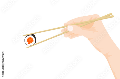 Vector illustration of hand, holding chopsticks with sushi roll isolated on white background