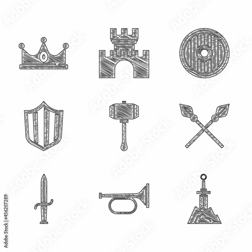 Set Hammer, Trumpet, Sword in the stone, Crossed medieval spears, Dagger, Shield, Round wooden shield and King crown icon. Vector