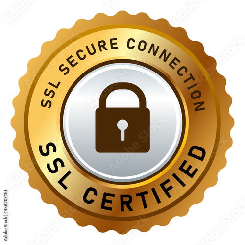 SSL secure connection certified stamp label sticker isolated design in golden and silver padlock logo photo