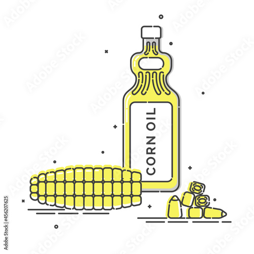 Corn oil bottle and a whole ear of corn with grains. Plastic container with a label with the inscription. Healthy organic vegan food. Isolated white background. Vegetarian food