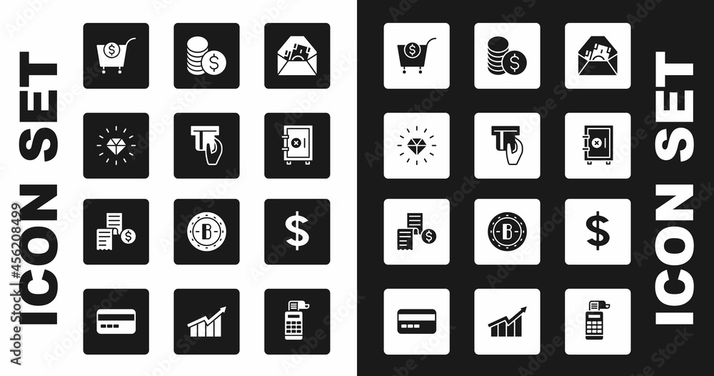 Set Envelope with dollar symbol, Credit card inserted, Diamond, Shopping cart and, Safe, Coin money, Dollar and Paper or financial check icon. Vector Set Envelope with dollar symbol, Credit card inserted, Diamond, Shopping cart and, Safe, Coin money, Dollar and Paper or financial check icon. Vector