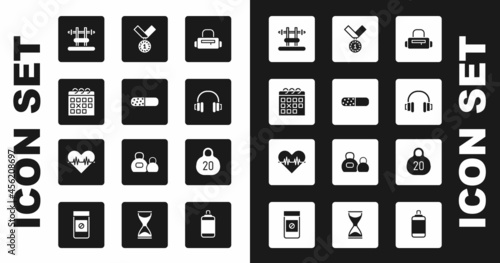 Set Sport bag, Vitamin pill, Calendar fitness, Bench with barbel, Headphones, Medal, Kettlebell and Heart rate icon. Vector