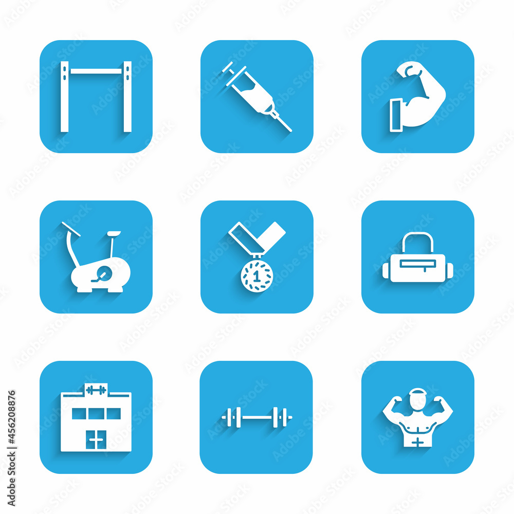 Set Medal, Barbell, Bodybuilder muscle, Sport bag, Gym building, Stationary bicycle, and Horizontal bar icon. Vector Set Medal, Barbell, Bodybuilder muscle, Sport bag, Gym building, Stationary bicycle, and Horizontal bar icon. Vector