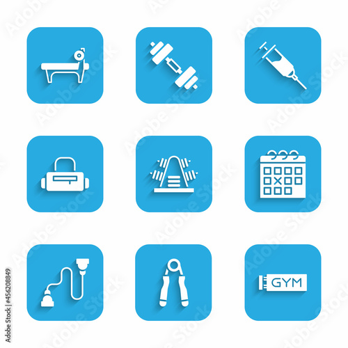 Set Metal rack with weights, Sport expander, Location gym, Calendar fitness, Chest, bag, Doping syringe and Bench barbel icon. Vector