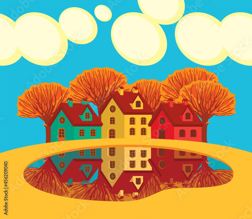 An autumn landscape with yellowed trees, clouds in the blue sky and cute colored houses reflected in a large puddle. Decorative fall vector illustration in cartoon style