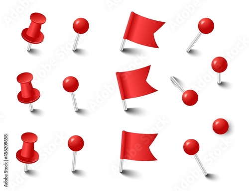 Red pins tacks flags. Attach buttons on needles, pinned office thumbtack. Vector illustration.