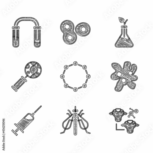 Set Chemical formula, Experimental insect, Cloning, Cell, Syringe, DNA research, search, Plant breeding and Test tube and flask icon. Vector