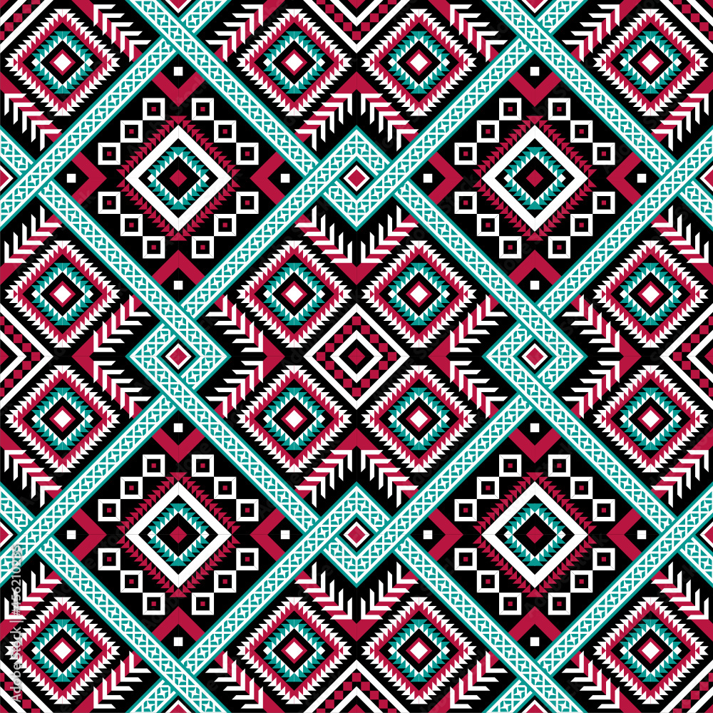 Traditional pattern, red and green geometric seamless vector pattern on black background Traditional pattern, red and green geometric seamless vector pattern on black background