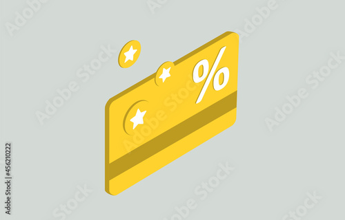 Cashback and Rewards money refund program isometric concept. Loyalty cashback program and retail customer money refund service. Yellow credit discount bank card with bonus icons vector illustration