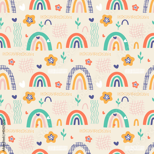 seamless pattern with abstract multicolored flowers and rainbows, illustration in cartoon style for childrens design and textiles