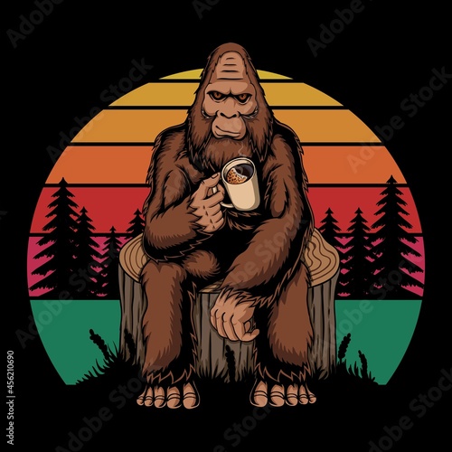 Bigfoot relaxing coffee retro vector illustration photo