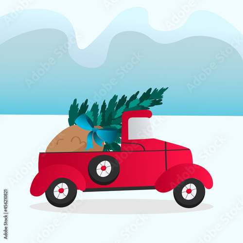 Red car carries a Christmas tree and a bag of gifts. A red pickup truck carries a Christmas tree and gifts in a bag. Vector illustration isolated on background