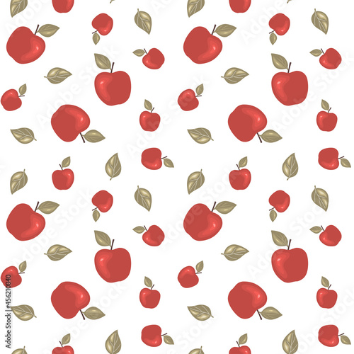 Seamless pattern with red juicy apple and leaves on a white background. Vector endless texture of juicy fruit