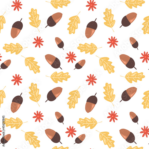 Autumn seamless pattern with acorns and oak leaves on a white background. Vector endless texture for seasonal design in cartoon simple style