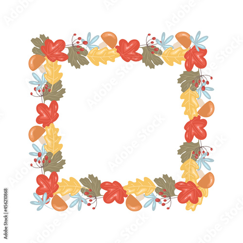 Autumn square frame with leaves, mushrooms, berries isolated on a white background. Vector border for text