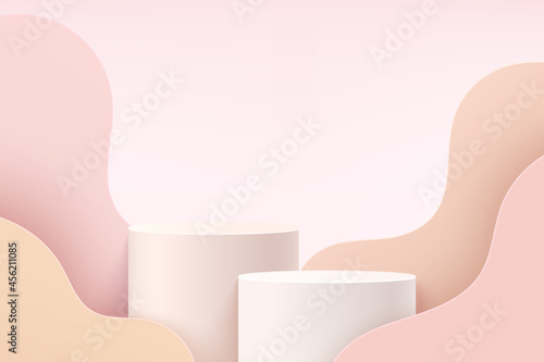 Abstract White and Pink 3D cylinder pedestal or stand podium with layer wavy backdrop. Luxury light pink minimal scene for cosmetic product display presentation. Vector geometric rendering platform.