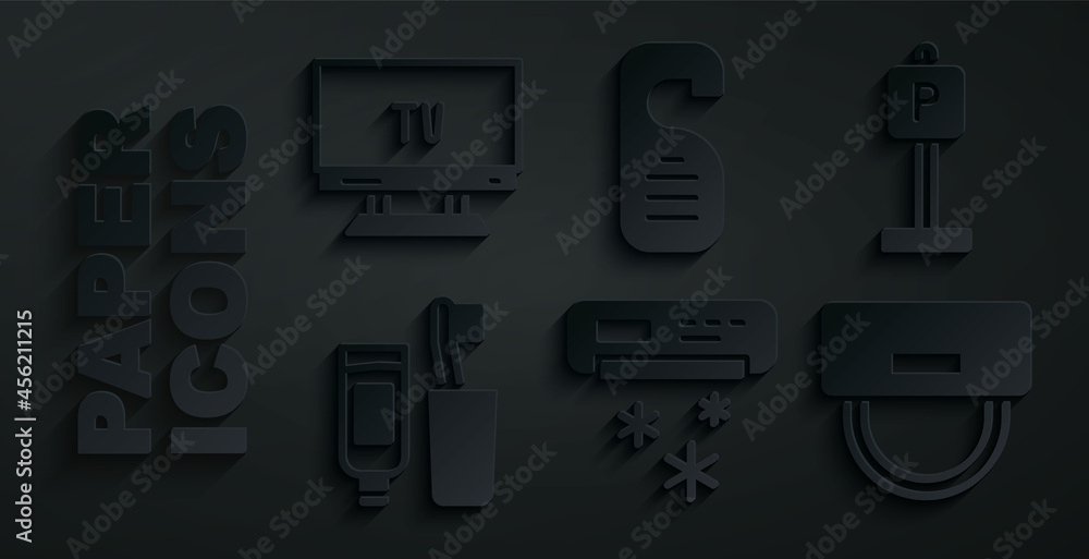 Set Air conditioner, Parking, Toothbrush and toothpaste, Bellboy hat, Please do not disturb and Smart Tv icon. Vector Set Air conditioner, Parking, Toothbrush and toothpaste, Bellboy hat, Please do not disturb and Smart Tv icon. Vector