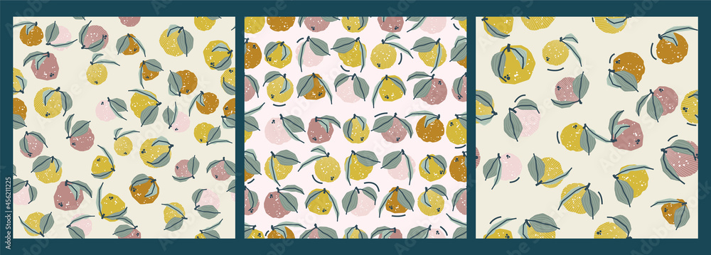 Colorful set of seamless patterns with lemons and yuzu in vector. Bright illustration, print, wrapping paper.