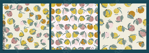 Colorful set of seamless patterns with lemons and yuzu in vector. Bright illustration, print, wrapping paper.