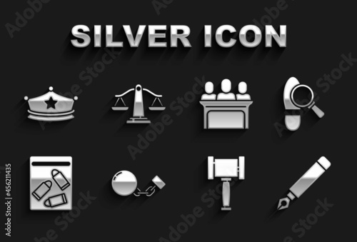 Set Ball on chain, Footsteps, Fountain pen nib, Judge gavel, Evidence bag and bullet, Jurors, Police cap with cockade and Scales of justice icon. Vector