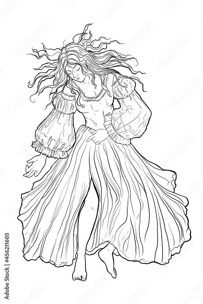 Sleeping beauty. Beautiful princess in fairy dress and disheveled hair lies immersed in sleep. Fairy tale character. Black and white vector illustration Sleeping beauty. Beautiful princess in fairy dress and disheveled hair lies immersed in sleep. Fairy tale character. Black and white vector illustration