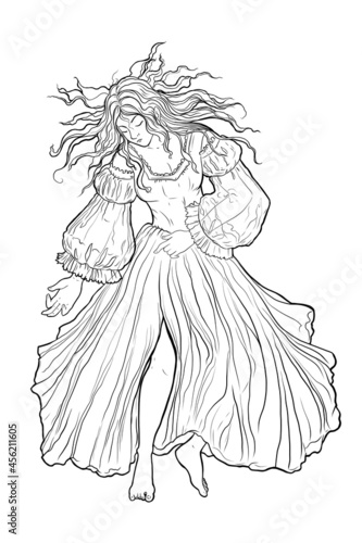 Sleeping beauty. Beautiful princess in fairy dress and disheveled hair lies immersed in sleep. Fairy tale character. Black and white vector illustration